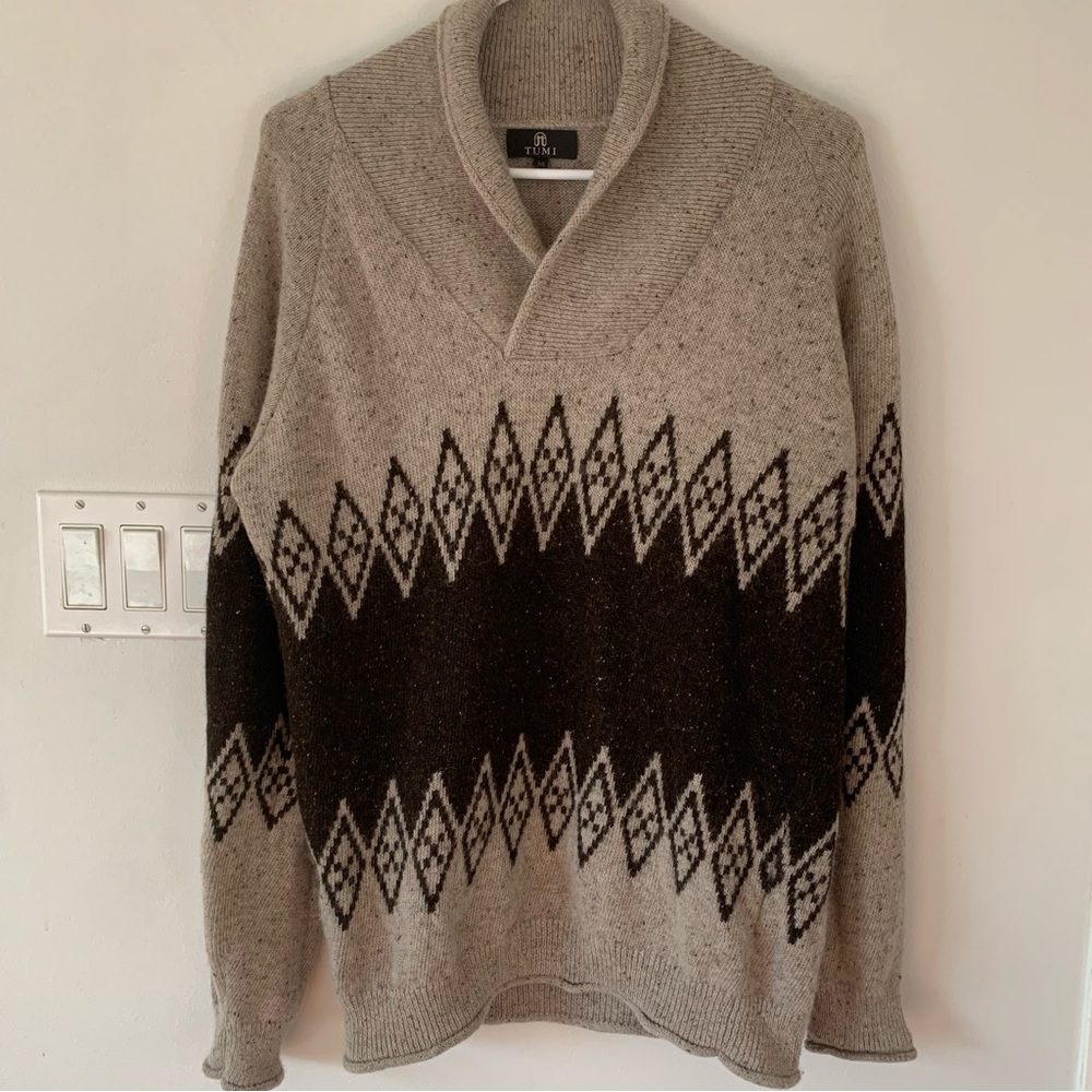 Tumi Baby Alpaca Sweaters Mens Medium M Fair Isle Geometric Brown Cowl Collar